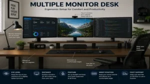 Multiple monitor desk arranged for ergonomic comfort and improved productivity
