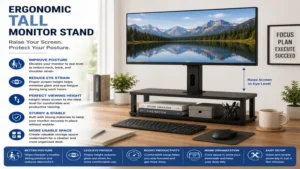 tall monitor stand helping reduce neck strain through ergonomic screen positioning