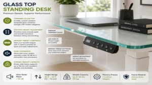 Close-up of a glass top standing desk featuring a tempered glass surface and digital height controls.