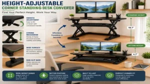 Height-adjustable corner standing desk converter designed for flexible work positions