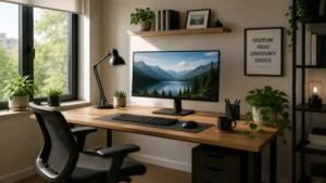Home office desk with monitor placed near a window with natural lighting