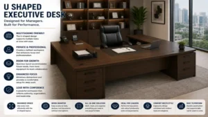 U shaped executive desk supporting daily management tasks with multiple work surfaces