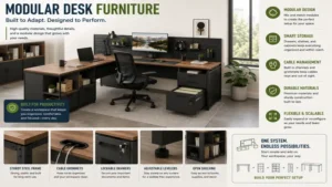 Close-up of modular desk furniture highlighting durable materials and premium finishes.