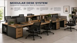 Modular desk system designed for collaborative work environments with flexible desk configurations