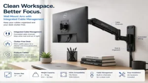 computer screen wall mount arm featuring integrated cable management for a clutter-free workspace