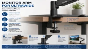 Close-up of monitor arm for ultrawide with a sturdy desk clamp installation