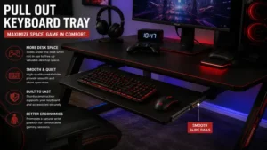 Pull out keyboard tray installed on a gaming desk to maximize desktop space and accessibility