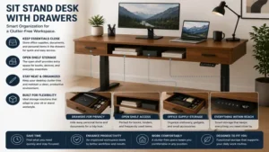 Sit stand desk with drawers helping keep documents, gadgets, and stationery neatly organized