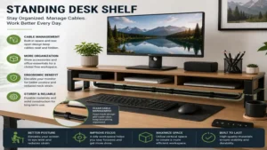 standing desk shelf featuring clean cable management and a clutter-free ergonomic workstation