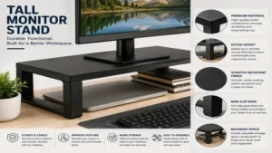 Close-up of a tall monitor stand highlighting durable construction and premium finish.