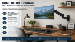 Home office setup featuring a wall mounted computer monitor arm and modern desk accessories
