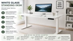 White glass standing desk in a minimalist office environment with contemporary decor