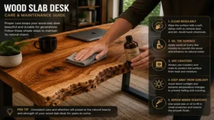 wood slab desk being cleaned and maintained to preserve its natural wood finish and beauty