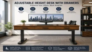 Adjustable height desk with drawers enhancing workspace organization in a professional office environment