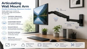 computer screen wall mount arm with articulating movement allowing smooth rotation and positioning