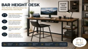 bar height desk workstation featuring efficient organization, cable management, and a productive office setup