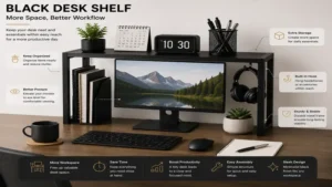 Functional black desk shelf providing extra desktop space for everyday office essentials.