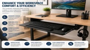 Computer keyboard slide out tray enhancing an ergonomic workstation with better comfort and workspace efficiency.