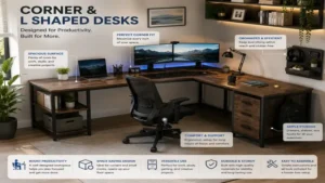 Spacious corner and l shaped desks providing an efficient workstation for work, study, and creative projects.