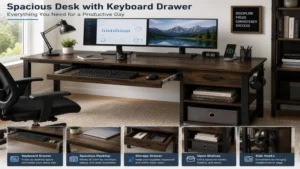 Spacious desk with keyboard drawer for dual monitors, desktop accessories, and daily productivity.