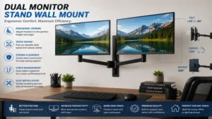 Dual monitor stand wall mount designed for ergonomic viewing angles and efficient desk organization