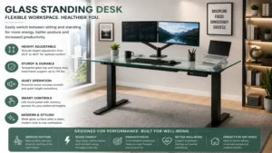 Flexible workspace featuring a glass standing desk for sitting and standing throughout the day