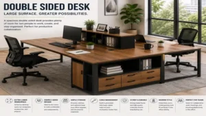 Large double sided desk with generous desktop space for computers, office accessories, and shared projects.