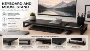 Minimalist keyboard and mouse stand complementing a modern workspace with efficient desk organization.