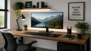 Modern desk with monitor, wireless keyboard, and tidy workspace accessories