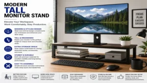 tall monitor stand enhancing desk organization in a contemporary workspace setup