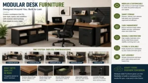 Modular desk furniture with monitor arms, cable management, and ergonomic office accessories.