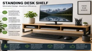 standing desk shelf in a minimalist office enhancing workspace organization, comfort, and productivity