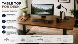 Table top for desk supporting an efficient workstation with computer and office essentials
