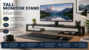 Tall monitor stand enhancing a modern workstation with ergonomic comfort and stylish desk organization.