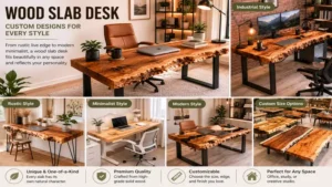 wood slab desk customized with a live edge top to complement modern, rustic, and industrial interiors