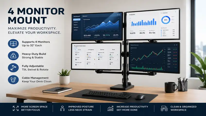 4 monitor mount in a modern office setup with four ergonomic displays for maximum productivity and workspace organization.