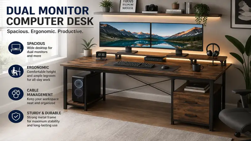 Modern dual monitor computer desk with spacious desktop, ergonomic layout, and organized workspace for home office productivity.