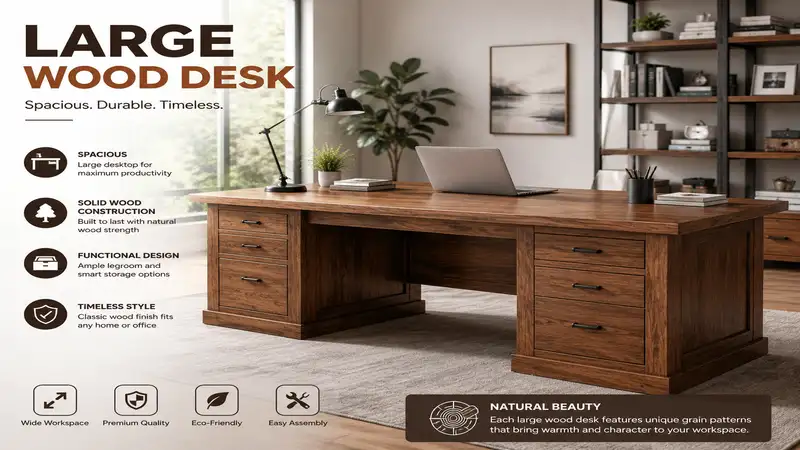 large wood desk in a modern home office with a spacious desktop and premium solid wood construction.