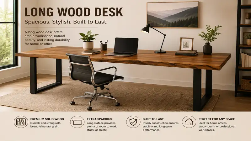 Long wood desk with a spacious natural wood surface for a modern home office workspace.