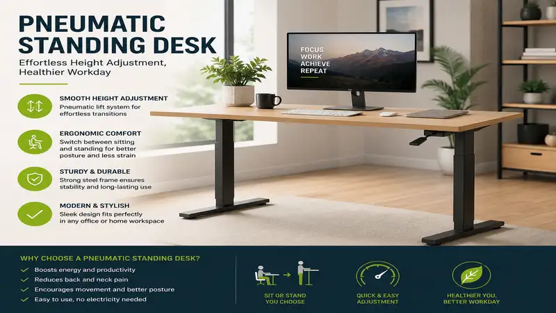 Pneumatic standing desk with smooth height adjustment for an ergonomic and modern workspace.