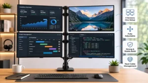 4 monitor mount setup featuring four adjustable monitors for multitasking in a clean and organized workspace.