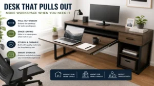 Desk that pulls out in a modern home office creating extra workspace for productivity