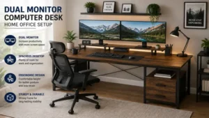 Dual monitor computer desk in a bright home office featuring two displays, ergonomic chair, and an organized workspace.