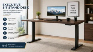 Executive sit stand desk with smooth electric height adjustment for seamless sitting and standing