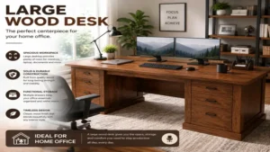 large wood desk creating a productive home office workspace with plenty of room for monitors, a laptop, and office essentials.