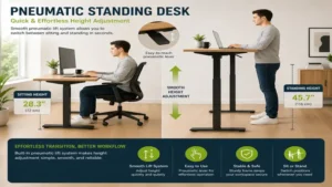 Pneumatic standing desk showing quick and effortless height adjustment between sitting and standing positions.