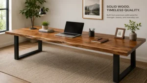Long wood desk crafted from solid wood with a durable finish for everyday home and office use.