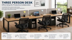 Three person desk arranged in a practical office setup for collaborative work
