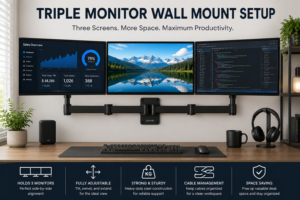 Triple monitor wall mount setup with three monitors arranged side by side
