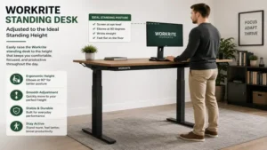 Workrite standing desk adjusted to an ergonomic standing height for comfortable computer work